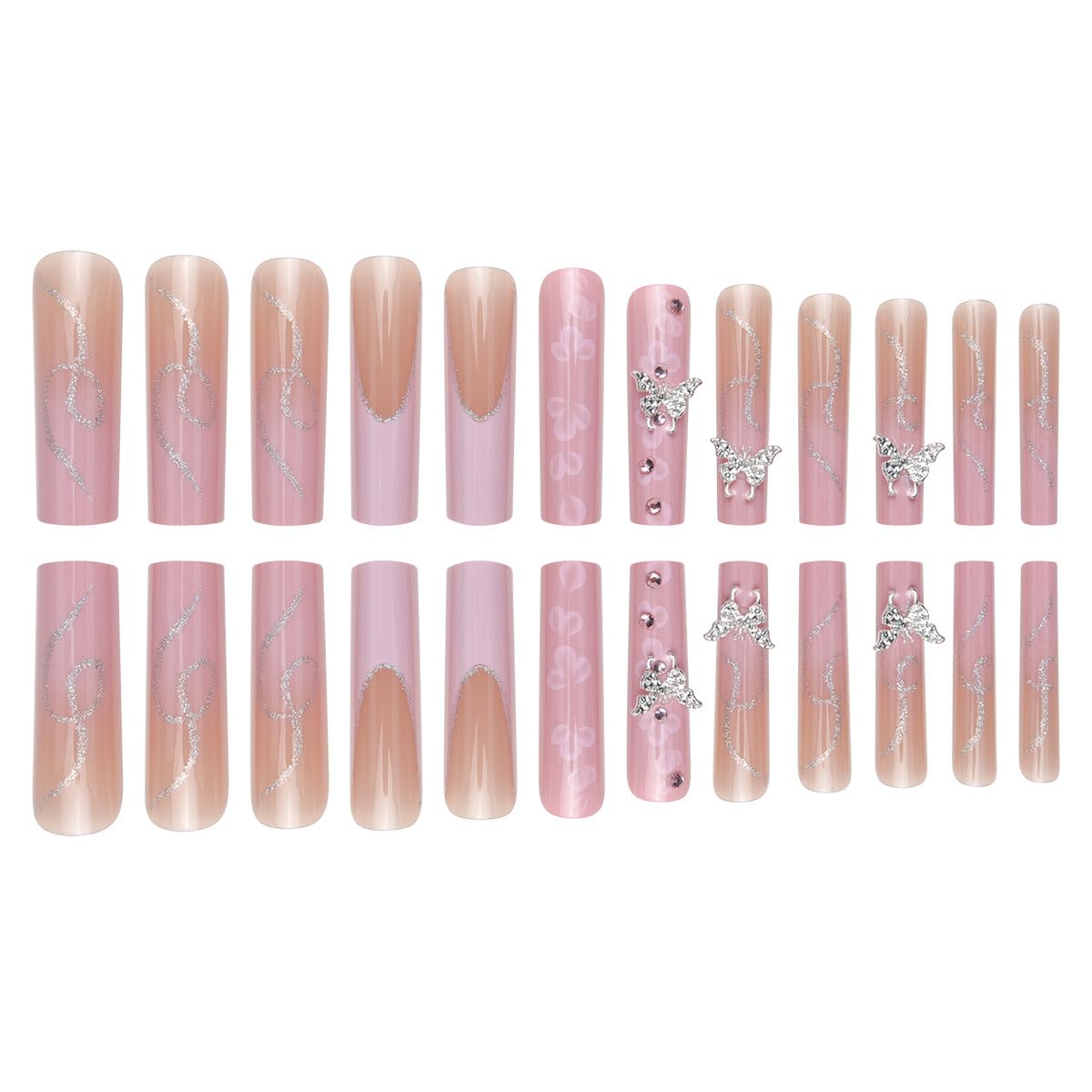 QQPPOLIU Lange rosa Nägel, zum Aufdrücken, quadratisch, rosa, mit Blume und 3D-Schmetterlings-Designs, volle Abdeckung, Nägel für Damen und Mädchen, 24 Stück