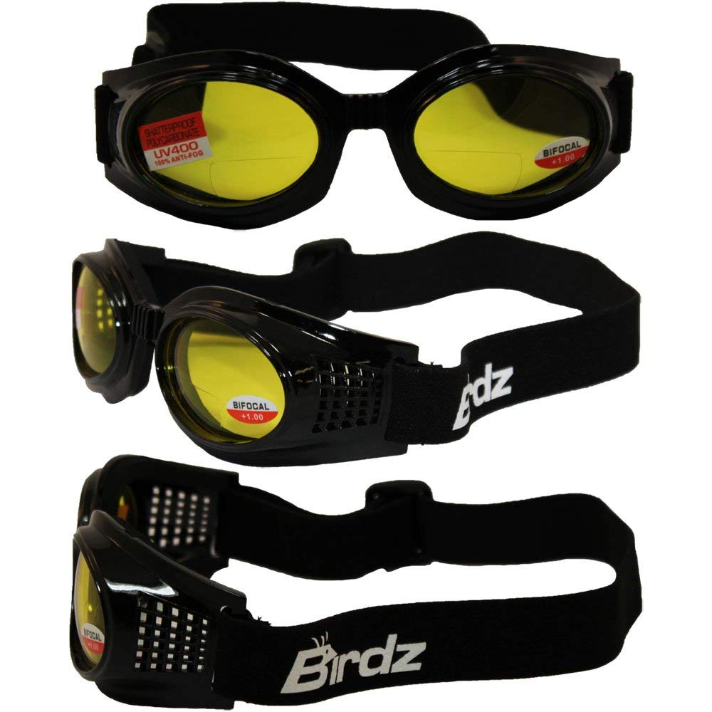 Birdz Eyewear Kite Motorcycle Goggles 1.0X Bifocal Lens (Black Frame/Yellow Lens)