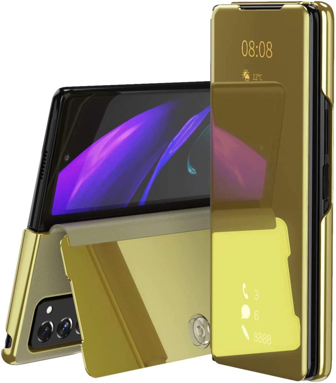 Custodia® Mirror Cover Clear View Stand Function Flip Case Compatible with Samsung Galaxy Z Fold2 5G (Gold)
