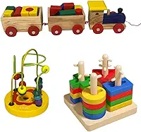 Kit 3 Brinquedos Educativos de Madeira Montessori Arco Aramado Baby, Jogo Encaixe 4 Pinos e Trenzinho de Madeira Blocos de Montar – Aprendizado, Coordenação Motora Pedagógico Infantil Bebê 1 2 3 anos