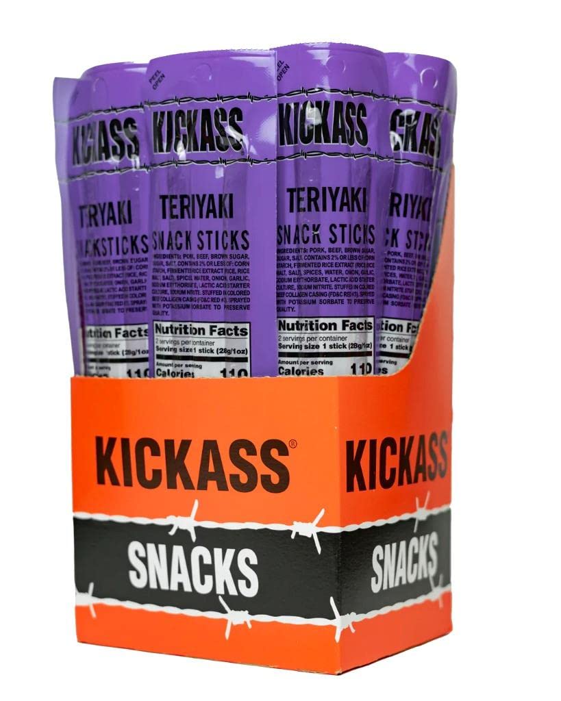 Kickass Teriyaki Meat Sticks 16ct Case - 2oz Twin Packs of Pork and Beef Jerky Snack Sticks - Beef Stick Meat Snacks - Jerky Sticks