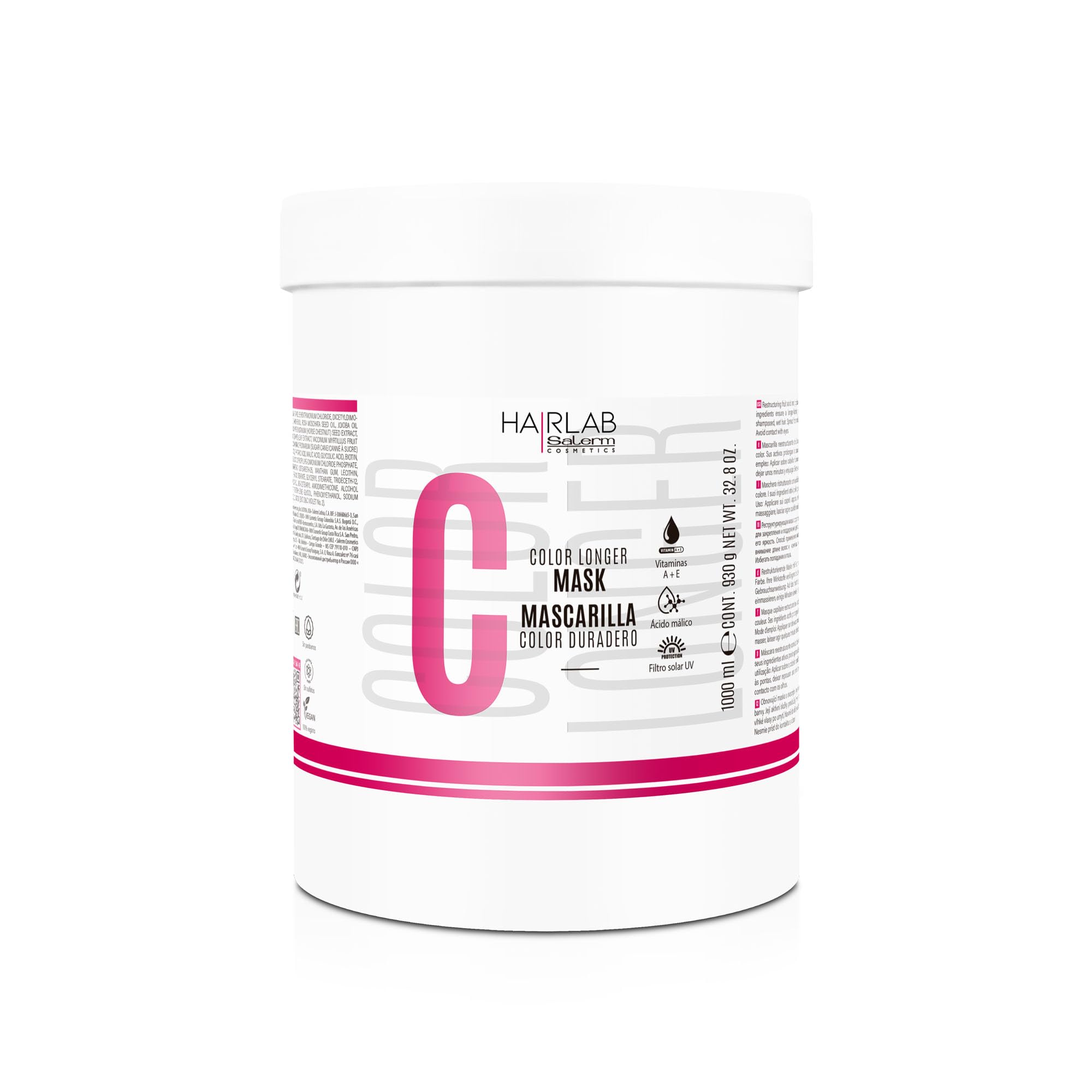SALERM - Mascarilla Pelo Teñido, Decolorado o con Canas - Color Longer Hair Lab - 1000 ml - con Vitaminas A y E - Sella y Mantiene el Color - Melena más Brillante - Sin Sulfatos ni Parabenos