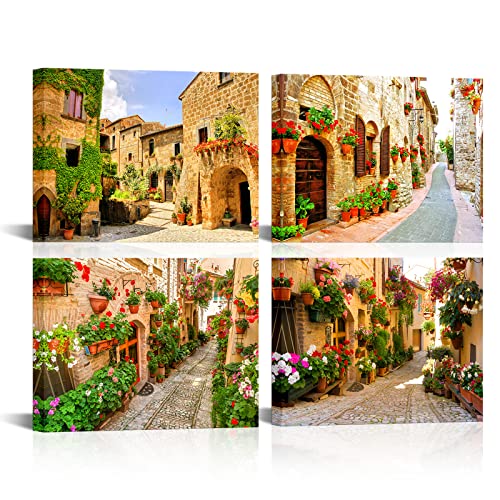 Ilooklike 4 Pieces Tuscany Town Canvas Wall Decor Italian Mediterranean Streets Scenery Pictures Painting Vintage Tuscan Village Artwork For Bedroom Living Room Decoration 12X16Inchx4Pcs (Small) #TOP17
