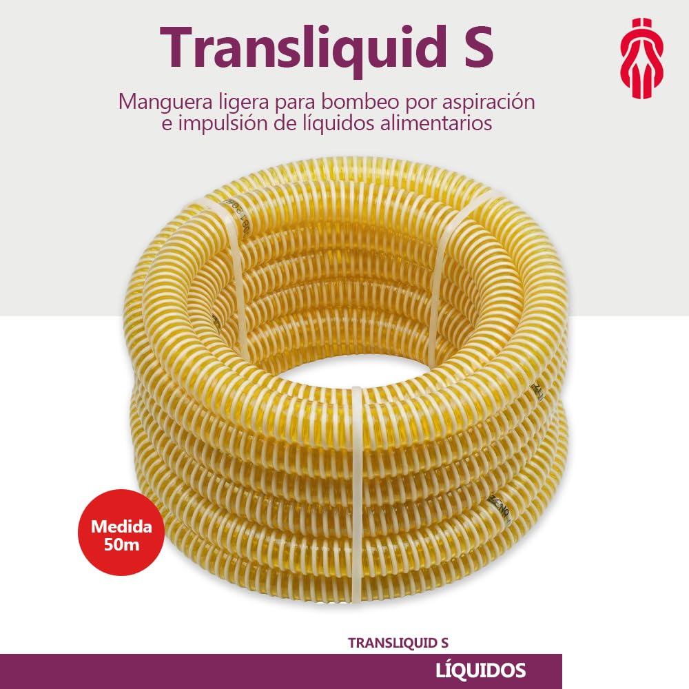 ESPIROFLEX Manguera de Aspiración e Impulsión Alimentaria 30MM 50M PVC Transparente con Espiral Reforzada, Flexible, Uso Alimentario para Bombeo de Líquidos | Modelo Transliquid S