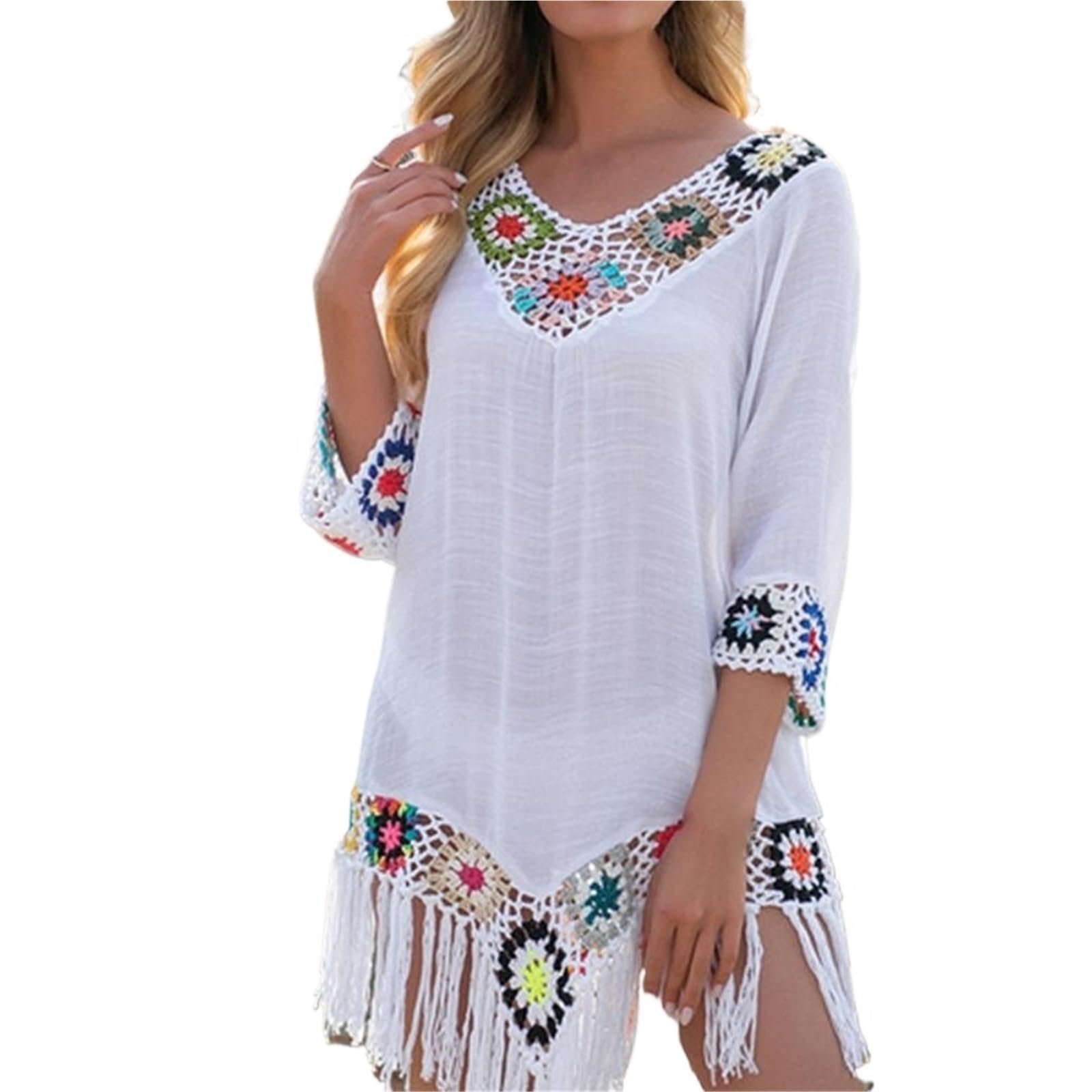 Pareo Donna Mare Copricostume Bikini Traforato all'Uncinetto Estivo Ampio e Attillato for la Spiaggia(C-White)