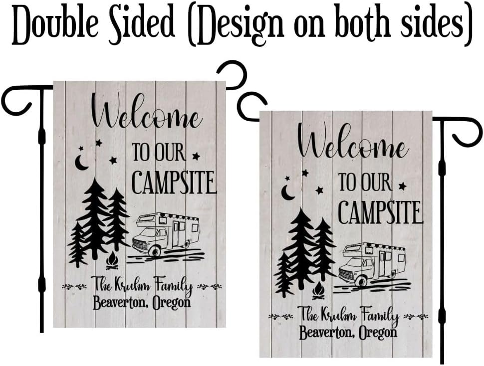 personalized Camping Garden Flag for Campsite, custom outdoor camper decoration sign, Welcome to our Campsite, yard decor for unique RV, Motorhome, tent, thoughtful gift