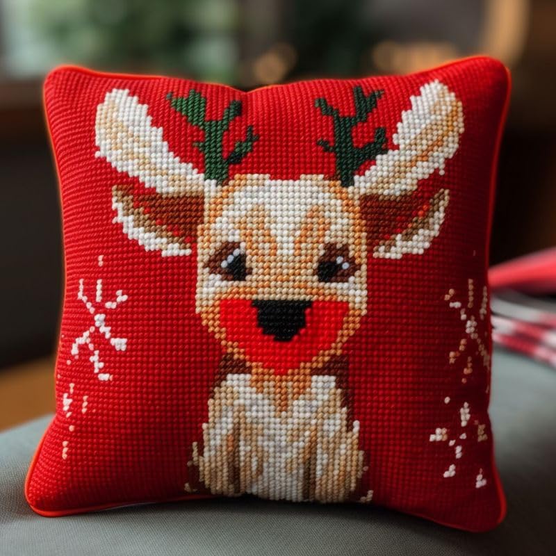 Christmas Deer Latch Hook Kits Pillow DIY Rug Crochet Hook Cushion Making Kits with Preprinted Pattern Canvas Instruction Yarns Easy Starter Christmas Decoration Hooking DIY Kits 43x43cm(d107)