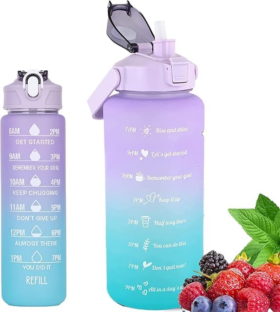 2 Pack Water Bottles BPA Free 2L+650ml, Sport Water Bottle with Time Marking & Straw,Gym Drinks Bottle, Large Motivational Water Jug for Adults,Time Marker Canteen Bottle(A5 Gradient Purple)
