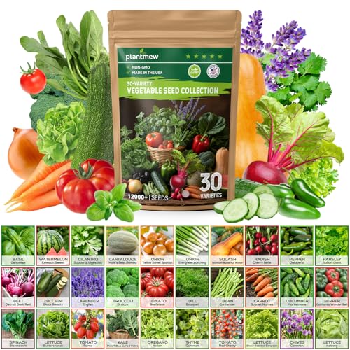 PLANTMEW 30 Heirloom Vegetable Seeds for Planting, 12,000+ Garden Seeds - Non-GMO Vegetable, Herb, Fruit Seeds - Survival Seed Vault with Tomato, Basil, Lettuce, Bean, Pepper, Squash and More