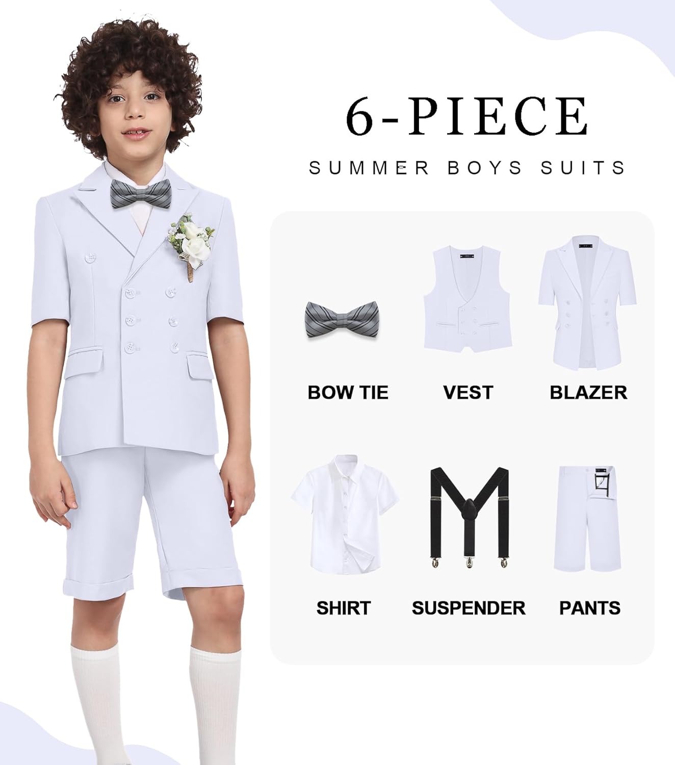 Boys Suit Kids Short Suit Tuxedo 6 Pcs Dress Clothes Short Sleeve Wedding Ring Bear Outfits Jacket Vest Shirt with Bow Tie