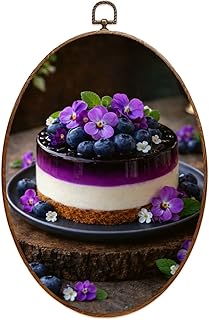 Oval Framed Wall Art Blueberry Cheesecake Purple Topping Fresh Flowers Oval Vintage Wall Decor Framed Canvas Prints Hanging Decor for Home Bedroom Living Room Kitchen 8.5"x11.6"