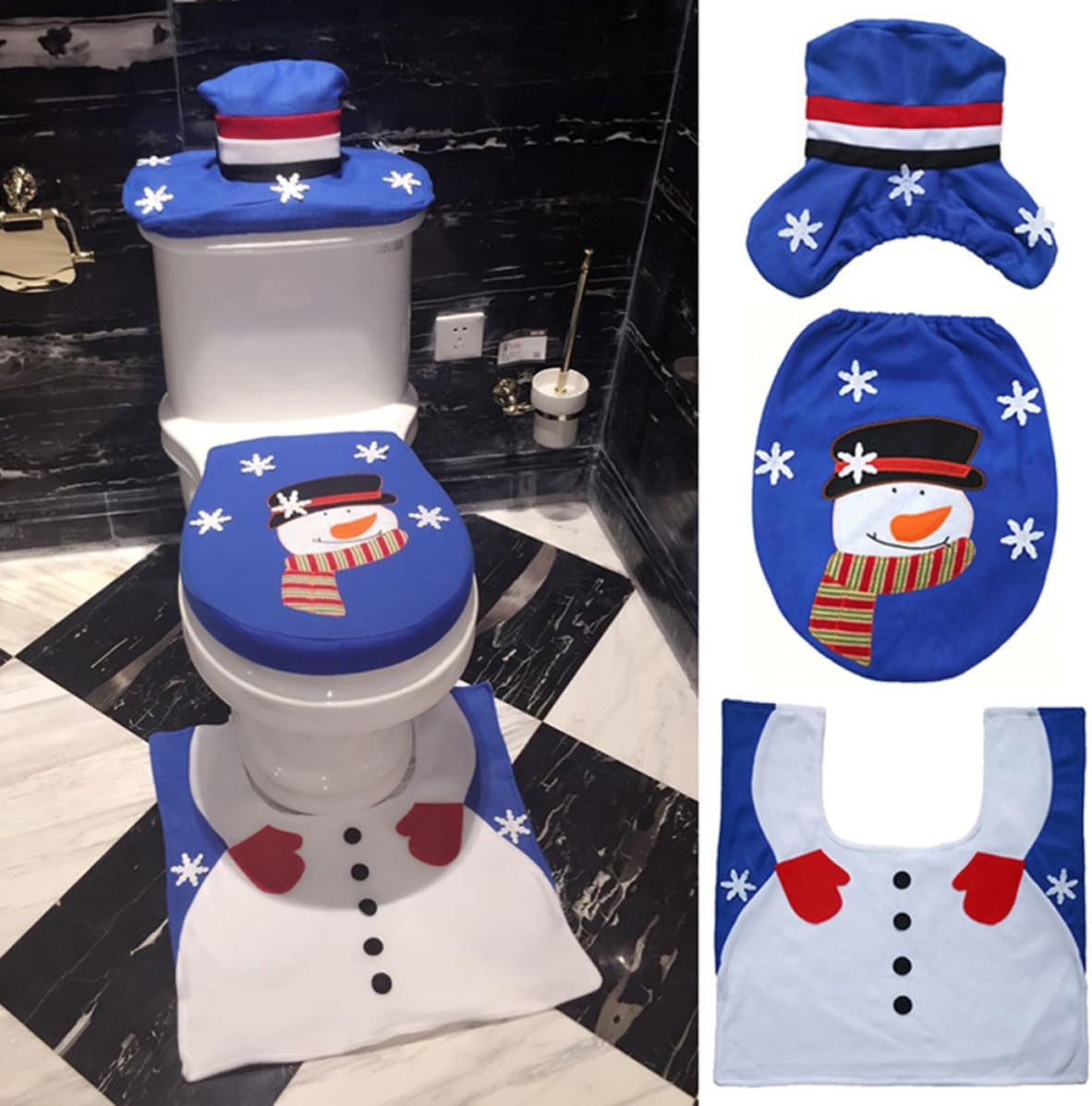 Christmas Themed Toilet Mat Set with Snowman Wearing Hat, Blue Plush