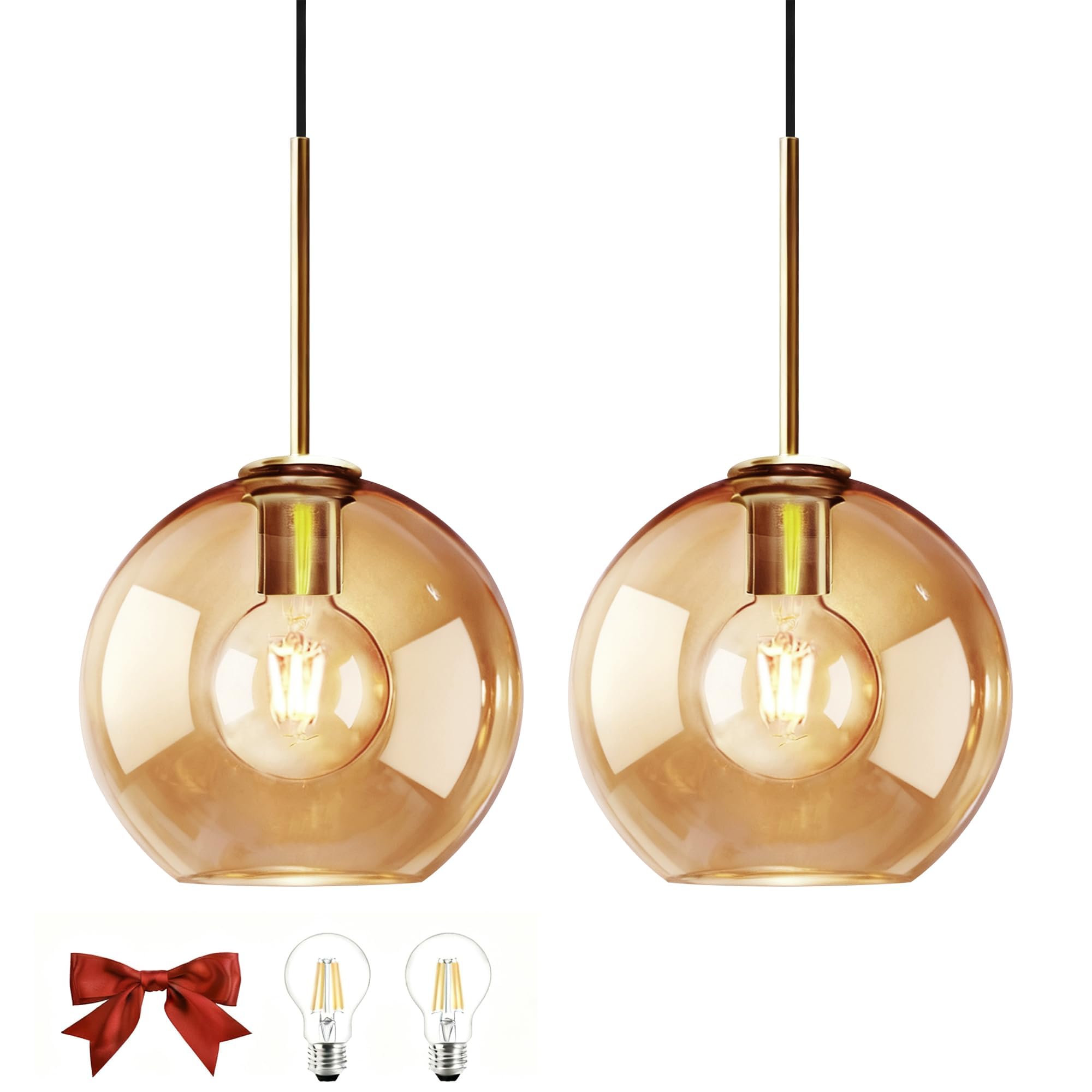 Bravsekai 2Pcs Amber Glass Pendant Light Amber Glass Pendant Lights Kitchen Island Lighting Globe Pendant Light Fixtures Modern Pendant Lighting For Kitchen Island Bedroom Living Dining Room Light Fixture(20Cm, 2-Pack)