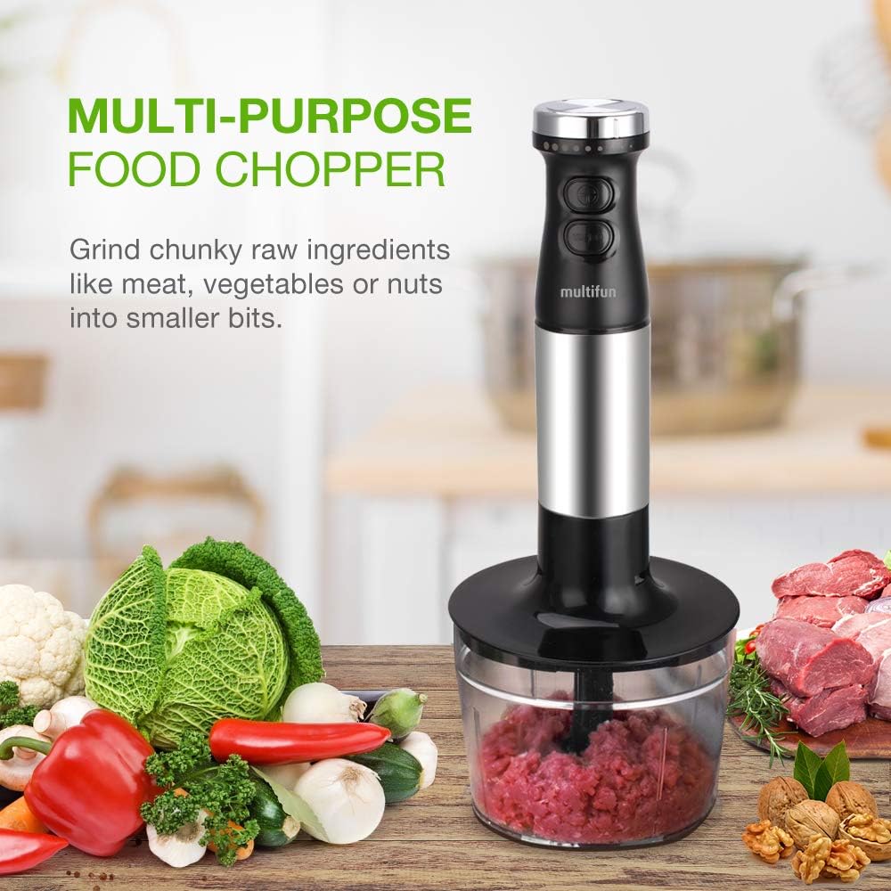 Hand Blender, multifun Smart Stick 9 Speed and Turbo Mode, 3-in-1 Immersion Blender with Heavy Duty Copper Motor, Titanium Steel Blades, Comfy Grip Handle, with Whisk, Chopper/Grinder Bowl and Beaker