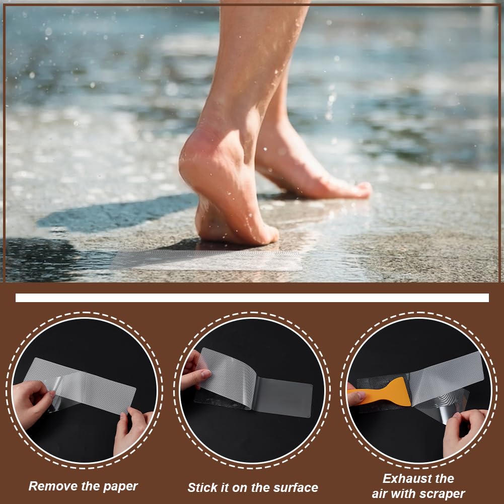BENECREAT 24 Adesivo Antiscivolo per Doccia, Adesivi di Sicurezza per Il Bagno in PVC da 200x120x1mm con Raschietto per Il Pavimento del Bagno, Piscina e Scale, Chiaro