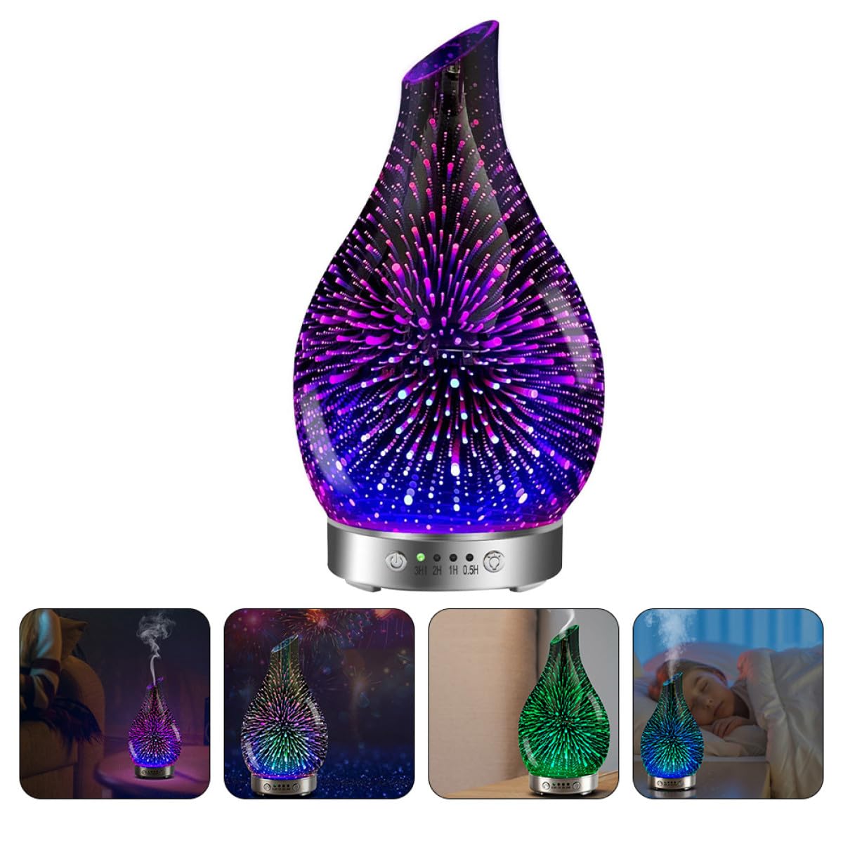 Difusor de Aroma Eléctrico de Vidrio Púrpura Humidificador y Luces LED Cambiantes, Tecnología Avanzada de Reducción de Ruido para Oficinas y Salas de Reuniones
