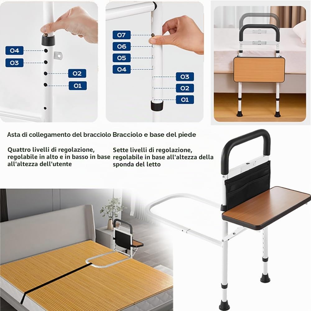 Sponde Letto Anzian,Imaniglia Letto Anziani Per Alzare,Adjustable Bed Assistance Tracks, with Bag,Corda di sicurezza Fall Prevention,Sensore luminoso staccabile, tavolo pieghevole ,for Elderly,Adults