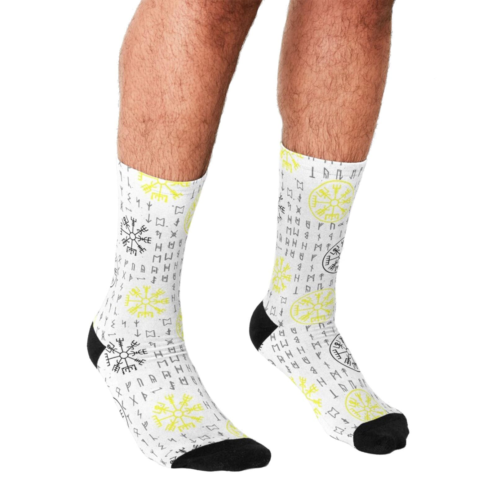 Verrückte Socken für Männer, Wikinger Vegvisir und Nordische Rune Nahtloses Muster Bunte Socken, Weich und Dehnbar Gestrickte Crew Socken