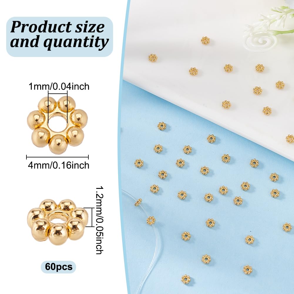 HOBBIESAY 60Pcs Flower Spacer Beads 4mm 18K Gold Plated Stainless Steel Bead Metal Beads Daisy Connector Beads for DIY Bracelets Earring Necklace Jewelry Making,Hole:1mm - Image 2