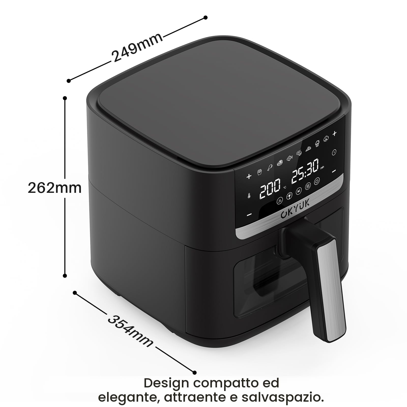OKYUK Friggitrice ad aria 6L - Air Fryer, senza olio con interno in metallo, friggitrice ad aria calda, 8 programmi, display digitale a LED, timer, facile da usare, 80-200 °C