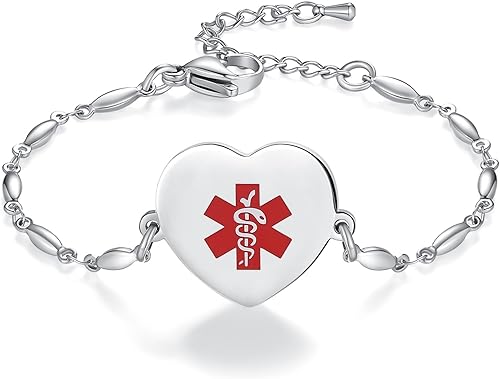 LinnaLove Medical Alert Bracelet for Women Adjustable Stainless steel Heart Charm Medical jewelry