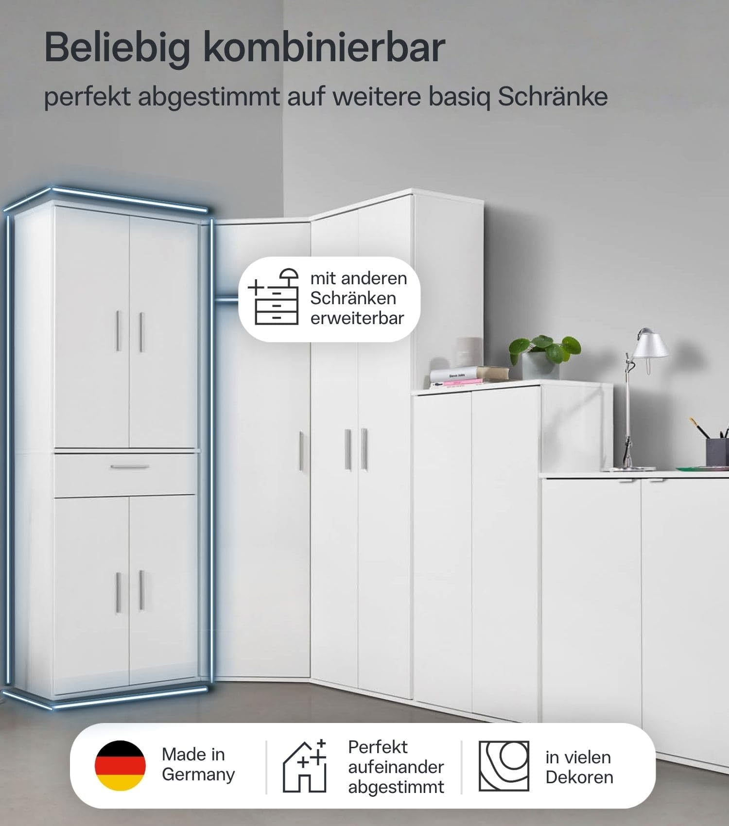 mokebo Mehrzweckschrank Büroschrank (60x180 cm) 'Der Praktische' Made in Germany aus Holz mit Schublade Aktenschrank auch als Schuhschrank Flurschrank Weiß