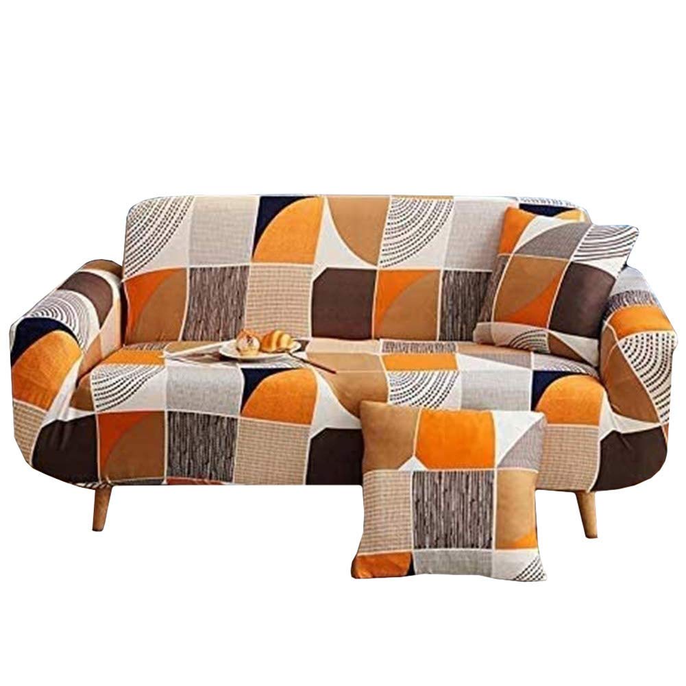 nordmiex Stretch Sofa Slipcovers Fitted Furniture Protector Printed Sofa Cover Stylish Fabric Couch Cover with 2 Pillowcases for 4 Cushion Couch(Sofa-4 Seater,Orange Geometric)