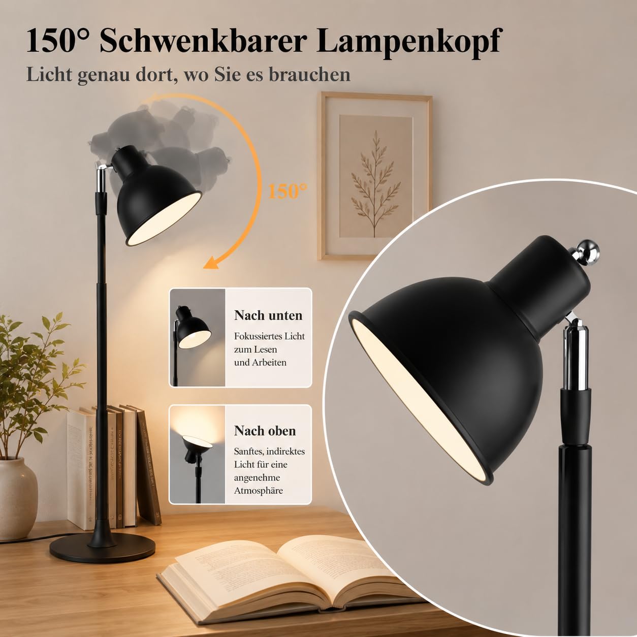 Rosnek LED Stehlampe Höhenverstellbar, Leselampe Dimmbar mit 3 Lichtfarben, 150° Schwenkbar Lampenkopf, 2-in-1 Stehleuchte & Tischleuchte für Wohnzimmer, Homeoffice, Esszimmer, Metall Schwarz