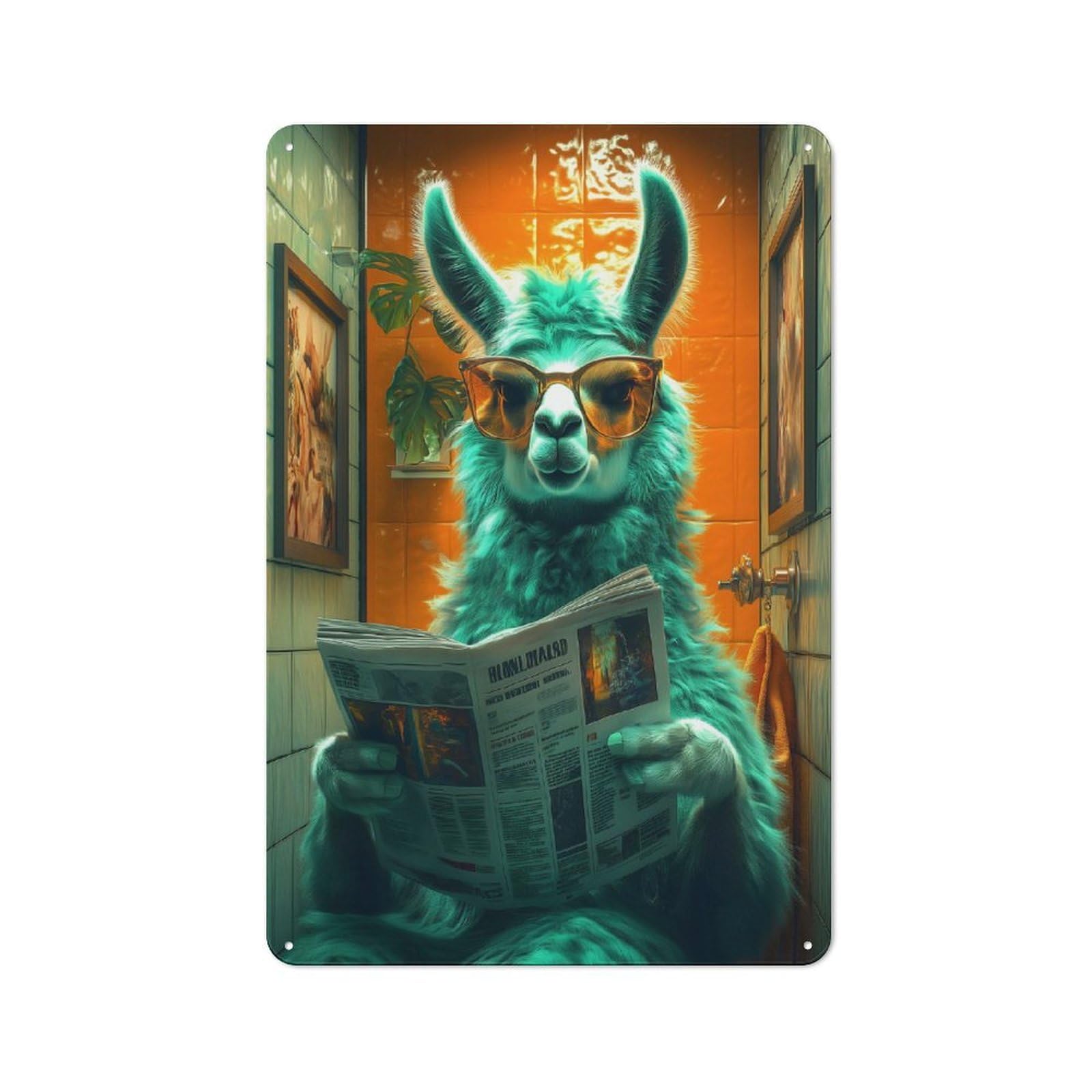 Junmoney Style-2 Old Style Llama Reading Newspaper In Bathroom Metal Sign 30X20cm, Bar Wall Plaque For Diner, Restaurant, Shed Or Kitchen