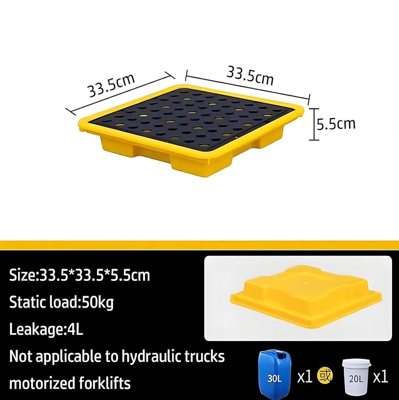 Bac de rétention des déversements résistant aux produits chimiques avec grille amovible pour fûts d'huile - 33,5 x 33,5 x 5,5 cm, facile à nettoyer, solution durable de contrôle des déversem