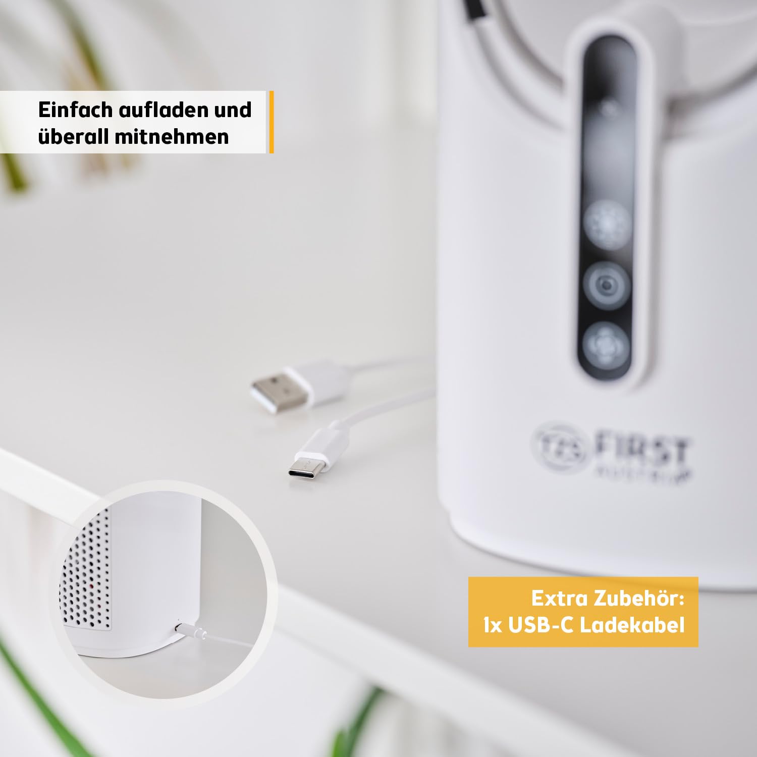 TZS First Austria - Akku Tischventilator - 5W - 3 Stufen & Timer - Leiser Turboloser Ventilator mit 7-Farben Nachtlicht & USB-C - Touch-Bedienung - Weiß