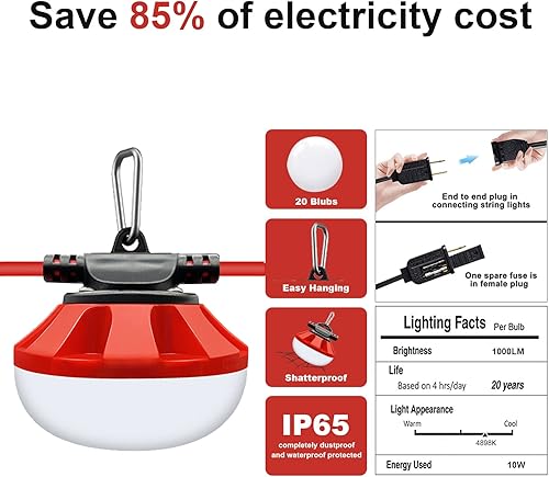 Miniatura 5 de Tira de luces LED de construcción de 50 pies, iluminación temporal, 5000 lúmenes, luces de trabajo temporales de construcción al aire libre, súper