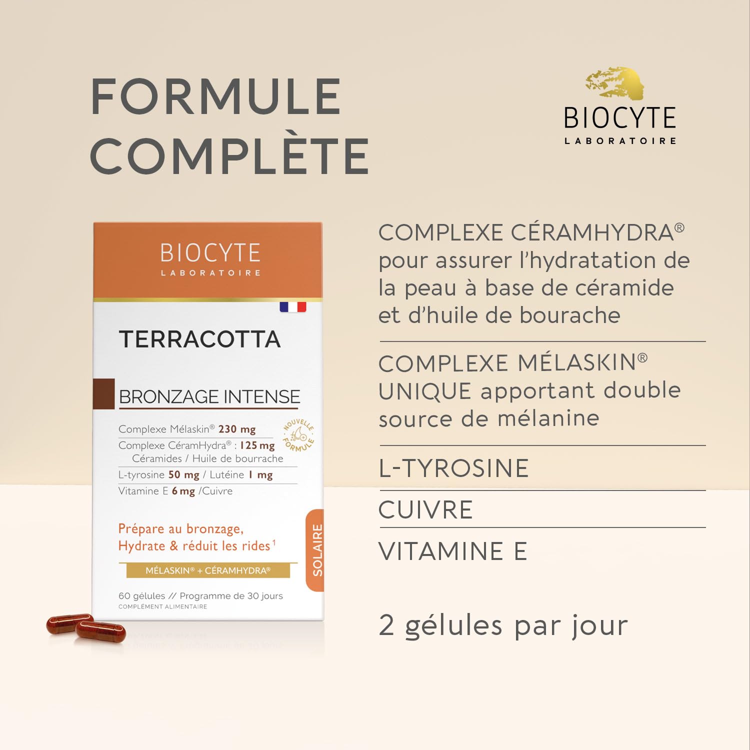 BIOCYTE Terracotta Bronzage Intense - Complement Alimentaire Bronzage - Vitamine E, Cuivre, Melanine, Huile de Bourrache - Programme de 30 jours