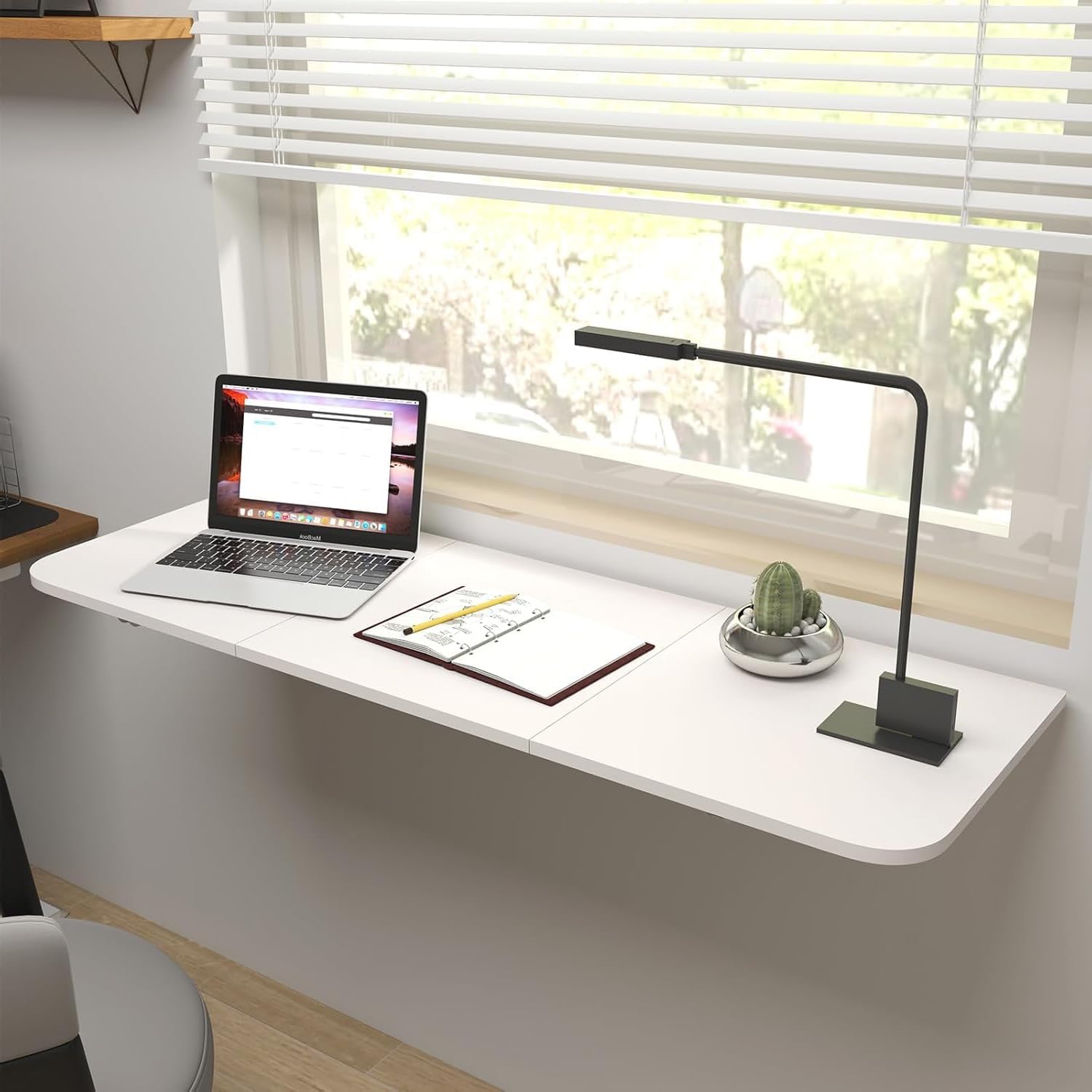 Klapptische Wandmontiert, 120×40 cm Klappbarer Tisch zur Wandmontage, Wandklapptisch mit Klammern, Schwebender Schreibtisch Platzsparend für Waschraum Küche Balkon Zuhause Büro, Weiß