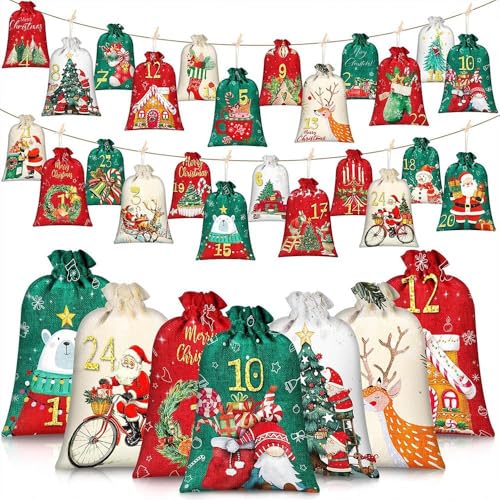 Adventskalender zum Befüllen,24 Advents-kalender Stoffsäckchen zum Selberfüllen, 18 x 13 cm DIY Weihnachten Geschenksäckchen Stoffbeutel, Adventskalender 2025 Kinder, Wiederverwendbar Adventstüten (A)