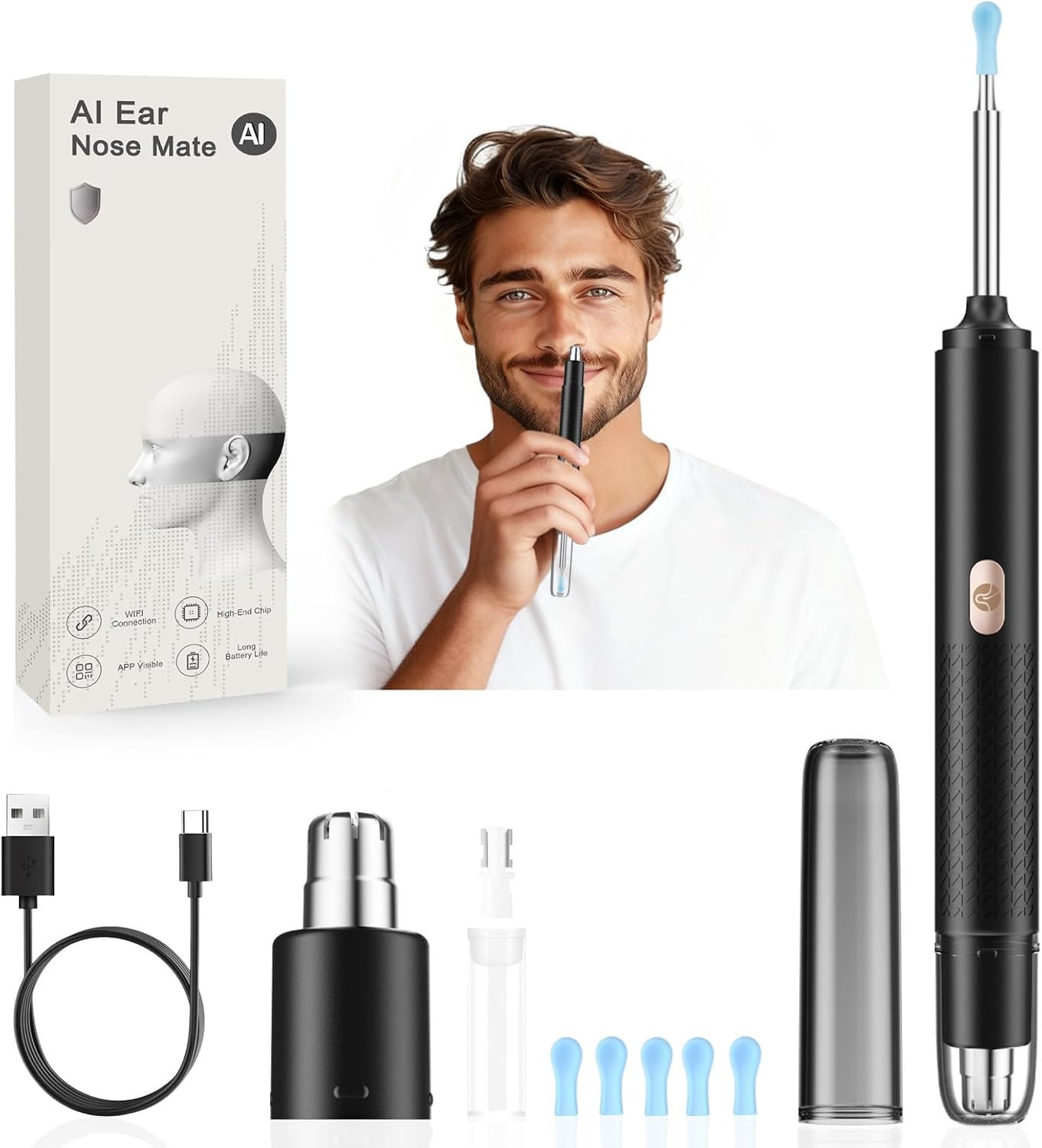 2-in-1 Visual Ear Wax Removal Nose Hair Trimmer 1296P HD Ear Cleaner with AI Eardrum Alert Smart Anti-Pinch