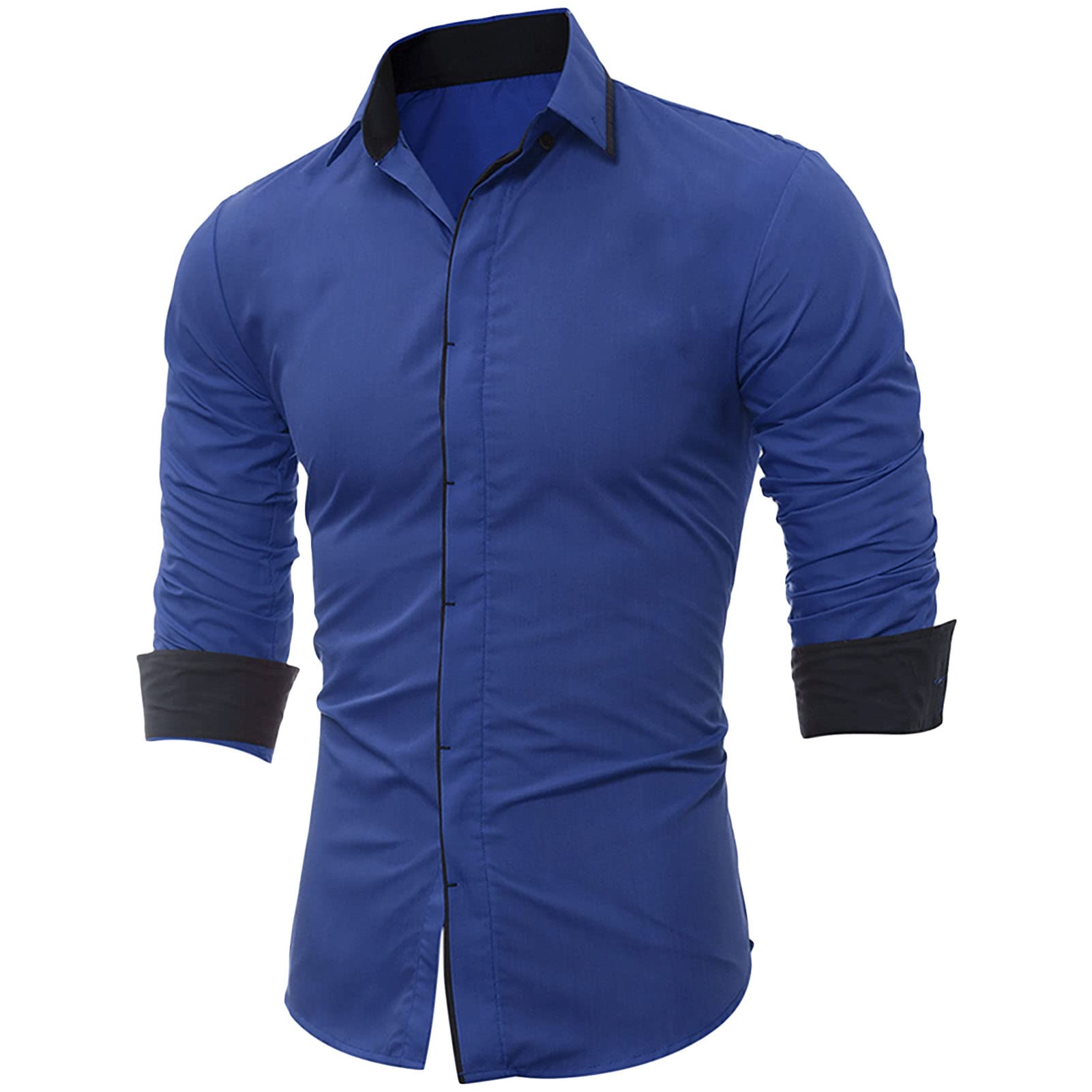 Men's Business Long Sleeve Dress Shirt Stylish Slim Fit Button Up Shirts Solid Lightweight Turn-Down Collar Shirt (Blue,Medium)