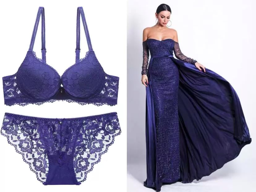 Image of Foxline Women's Lace Push Up Underwired Solid Lingerie Set