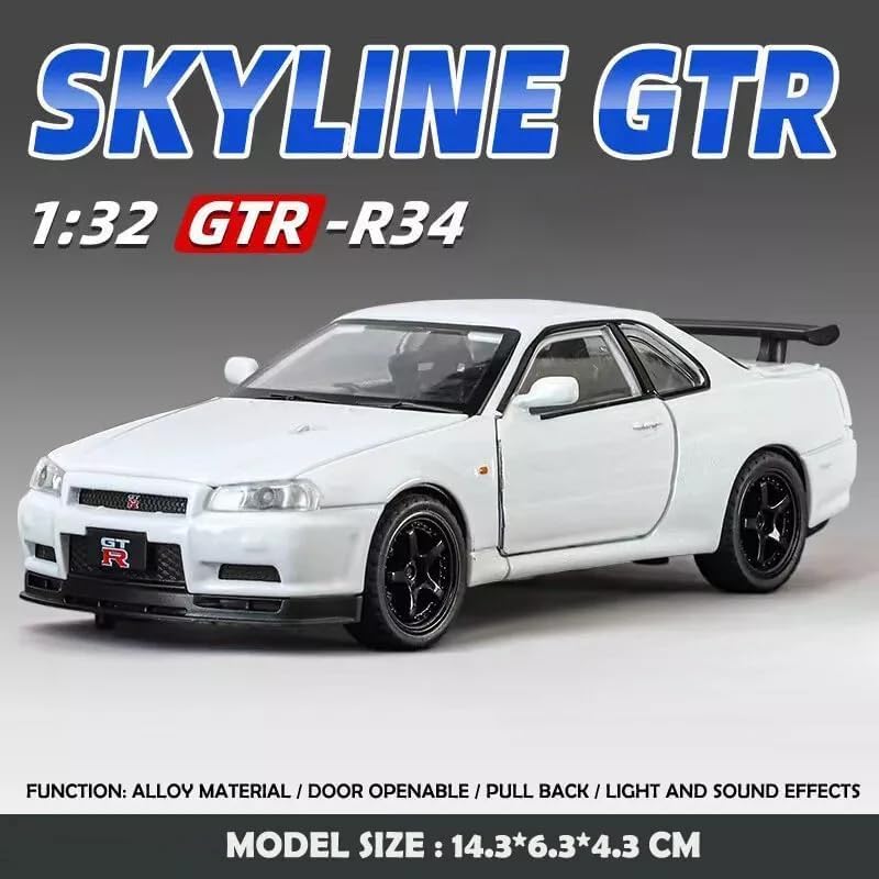Image of Scale 1:32 Nissan Skyline GTR-R34 - White Alloy Diecast Pullback Metal Car Toy with Sound Light & Opening Doors - Best Gift Toy for Kids