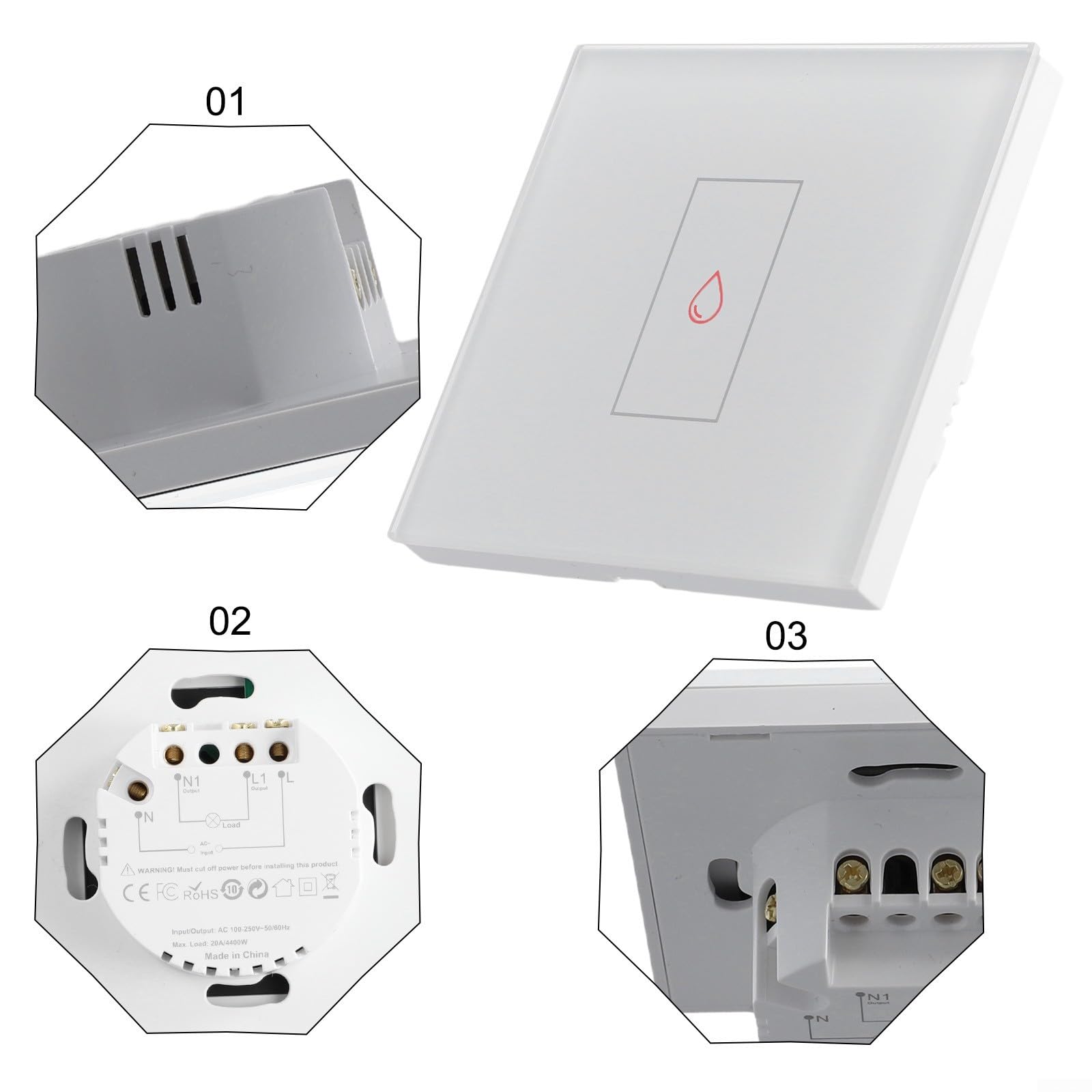 Wifi Power Monitor for Tuya Smart Water Heater Boiler Switch, Energy Reports, Backlight Option (White)