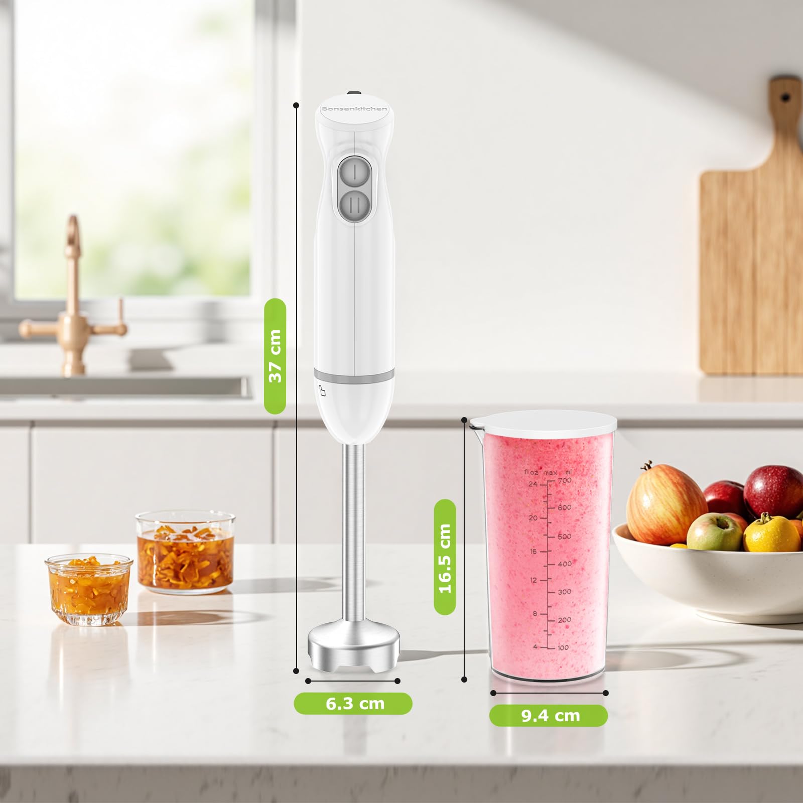 Bonsenkitchen Frullatore a Immersione 2 in 1, 1000 W, Frullatore in acciaio inox, 2 Velocità, con Misurino da 700 ml con Coperchio, per Pappe, Zuppe, Frullati, Puree