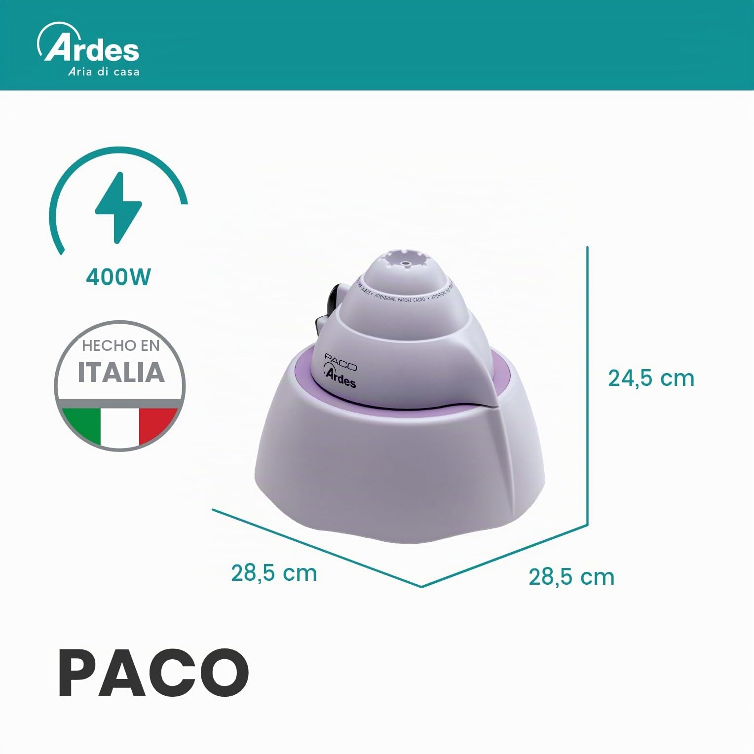 ARDES AR820 Humidificador de Vapor Caliente PACO de Electrodos 400W, Humidificador Vapor Caliente Terapéutico con Vaporizador Regulable y Autoapagado, Capacidad 2 Litros para 8 Horas de Autonomía