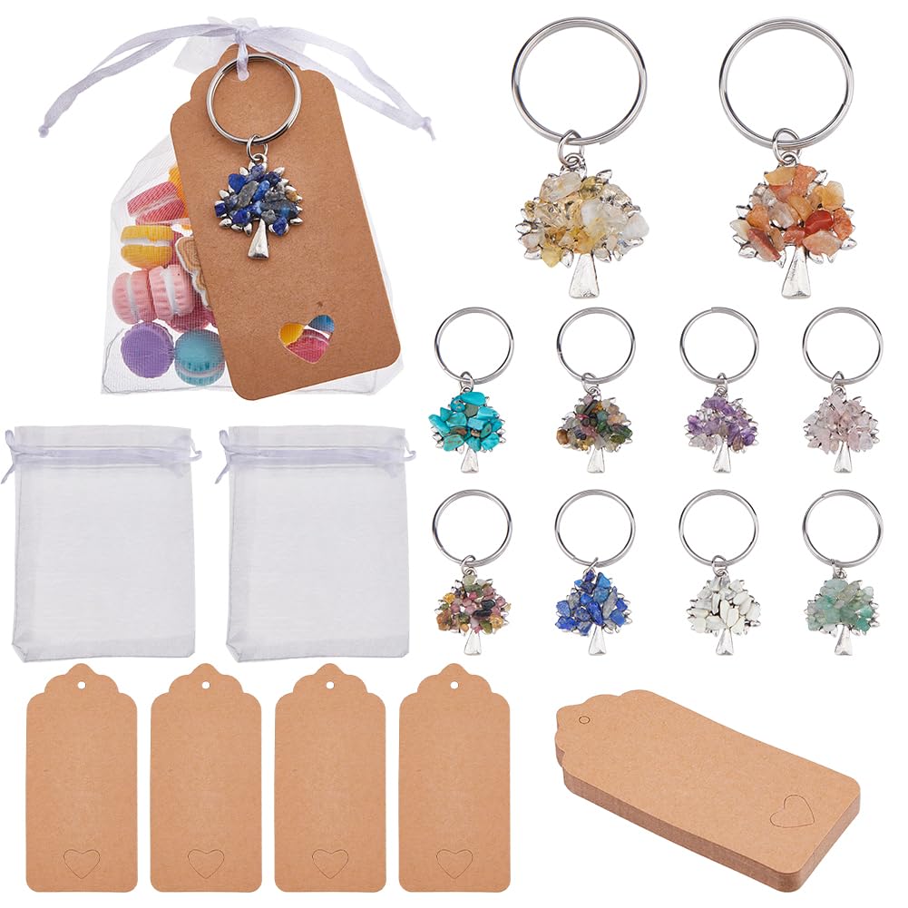 SUPERFINDINGS Portachiavi da 20 Pezzi con Pietre preziose Albero della Vita Portachiavi in Cristallo Naturale con Etichetta di Carta e Sacchetto di Organza per Borsa Decorativa faidate Regali
