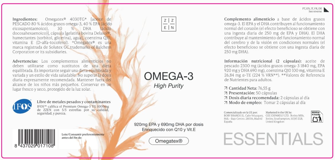 ZZEN - Omega 3 IFOS 1840 mg | EPA (920 mg) und DHA (690 mg) mit Coenzym Q10 (100 mg) und Vitamin E, 50 Weichkapseln – Hohe Konzentration & Bioverfügbarkeit (Set mit 3)