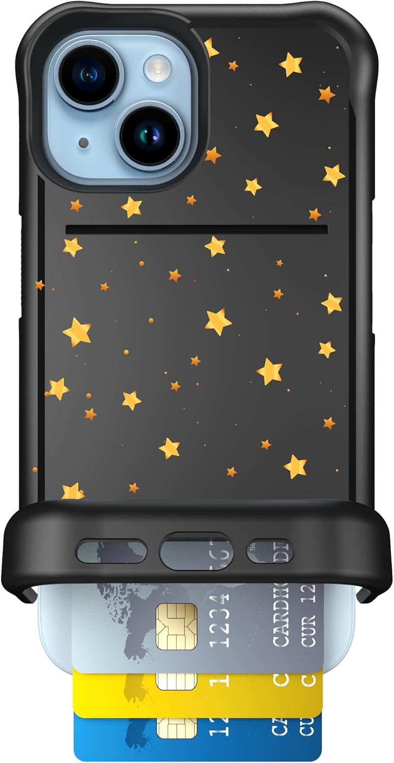 Scooch for iPhone 15 Case with Card Holder, Wingmate Wallet Case with Hidden Card Slot and RFID Protection, Holds 3 to 4 Cards, 10-Foot Drop Protection, Gold Stars