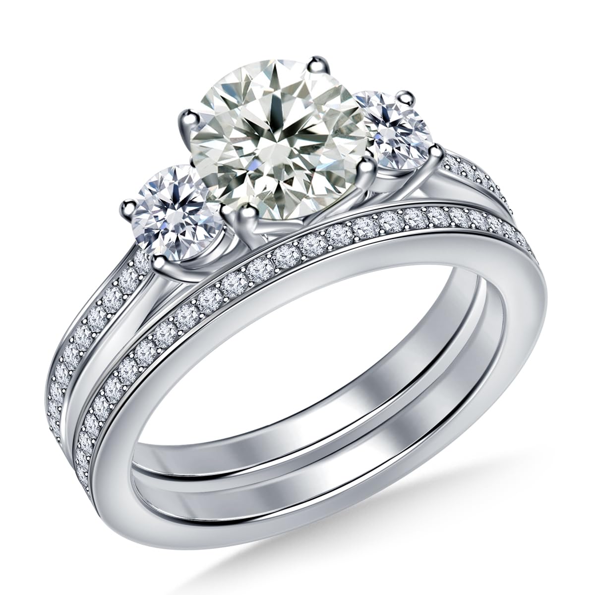 Moissanite & CZ Sterling Silver Wedding Ring Set for Women - 2CT Round 3-Stone Engagement Ring with Pave Band | Size 5 to 13
