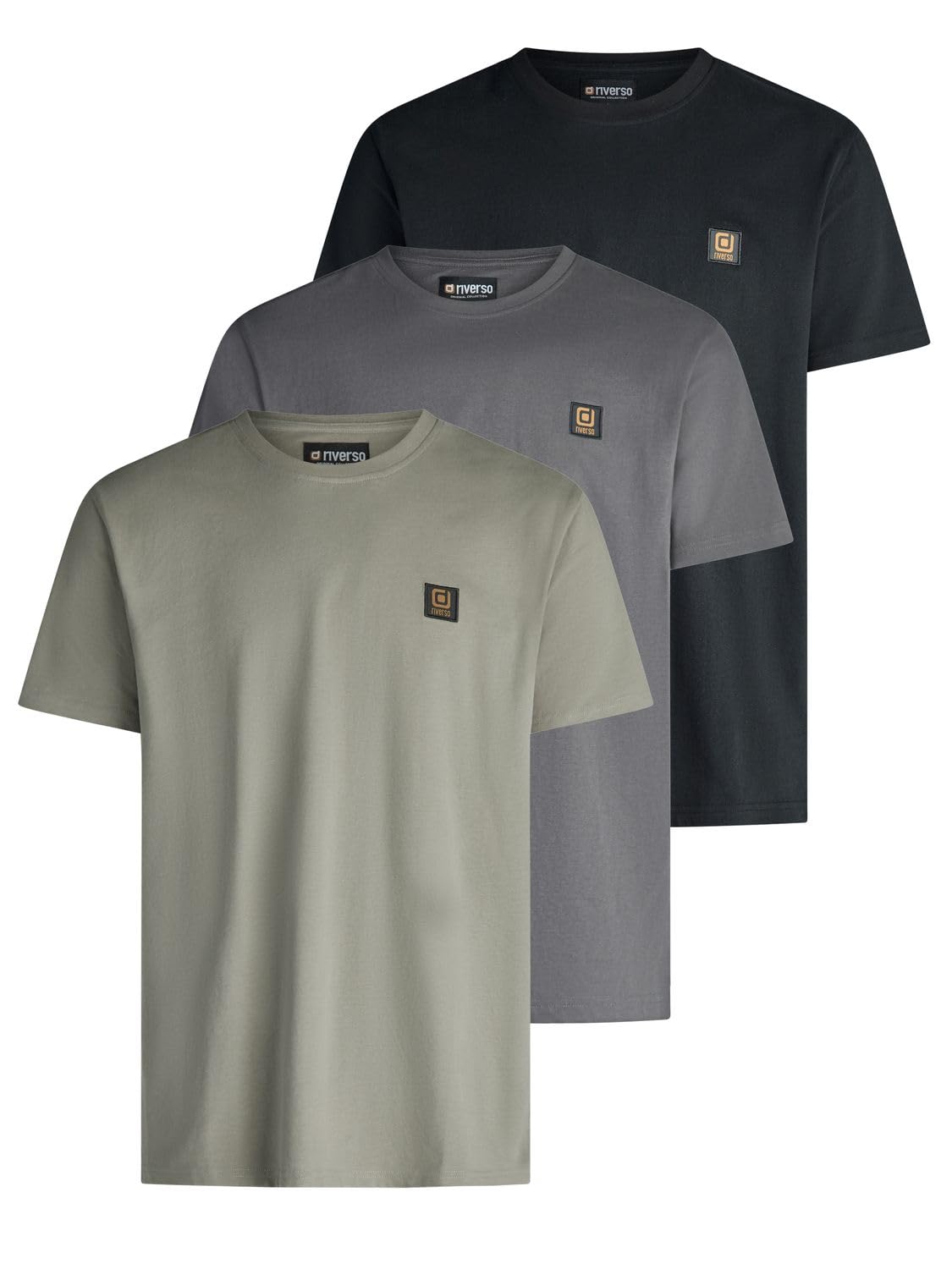 riverso Tshirt Herren Regular Fit RIVGino 3er Set Pack Rundhals Kurzarm | Sommer Tee Shirt Logo Schwarz Weiß Orange Grau Blau Gelb Grün S M L XL XXL 3XL 4XL 5XL