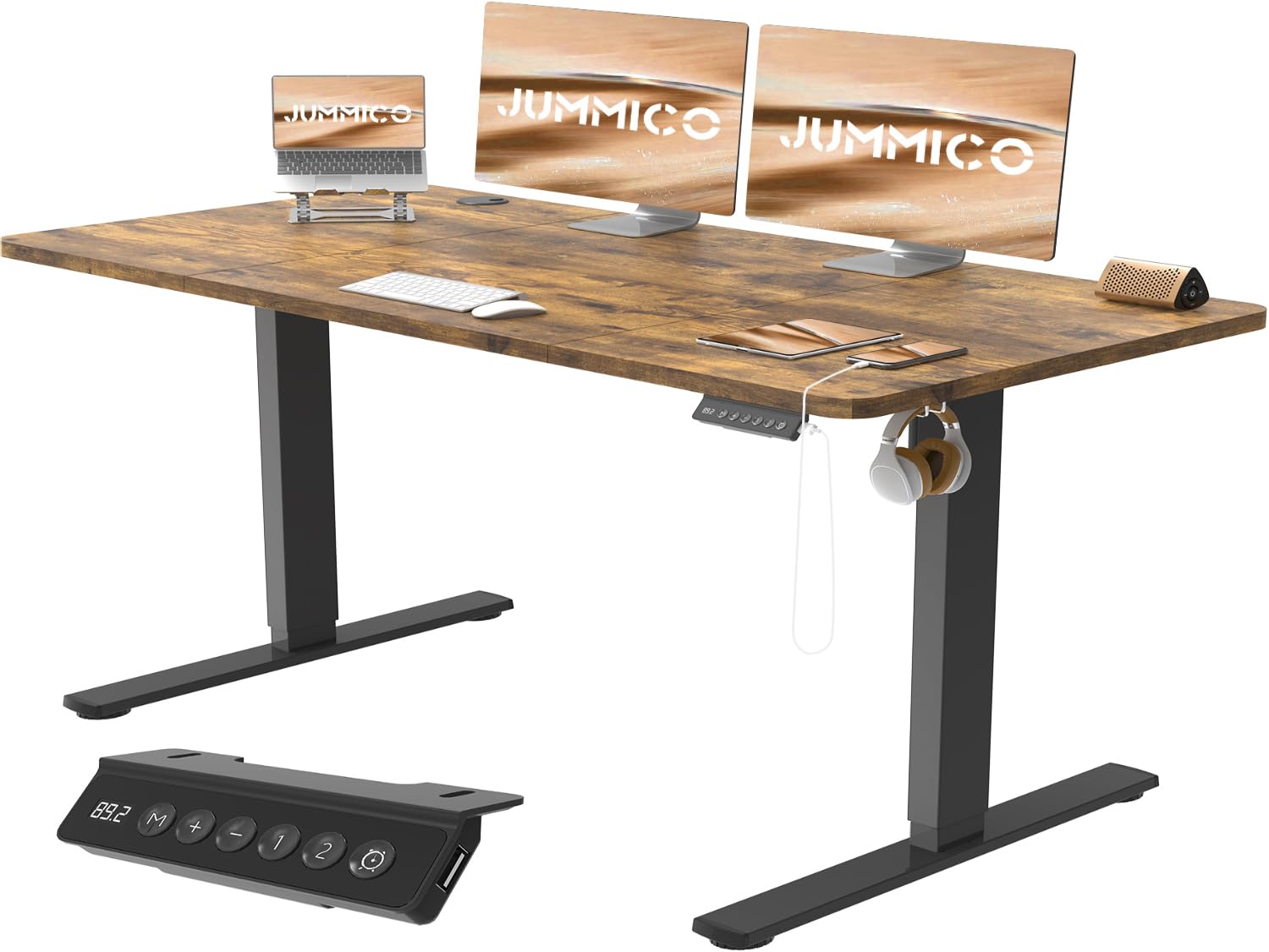 JUMMICO Scrivania Regolabile in Altezza, Scrivania Regolabile Elettrica con Smart Panel da caricatore USB, Scrivania in Piedi con Funzioni di Memoria, Standing Desk 140 x 60 cm, Marrone