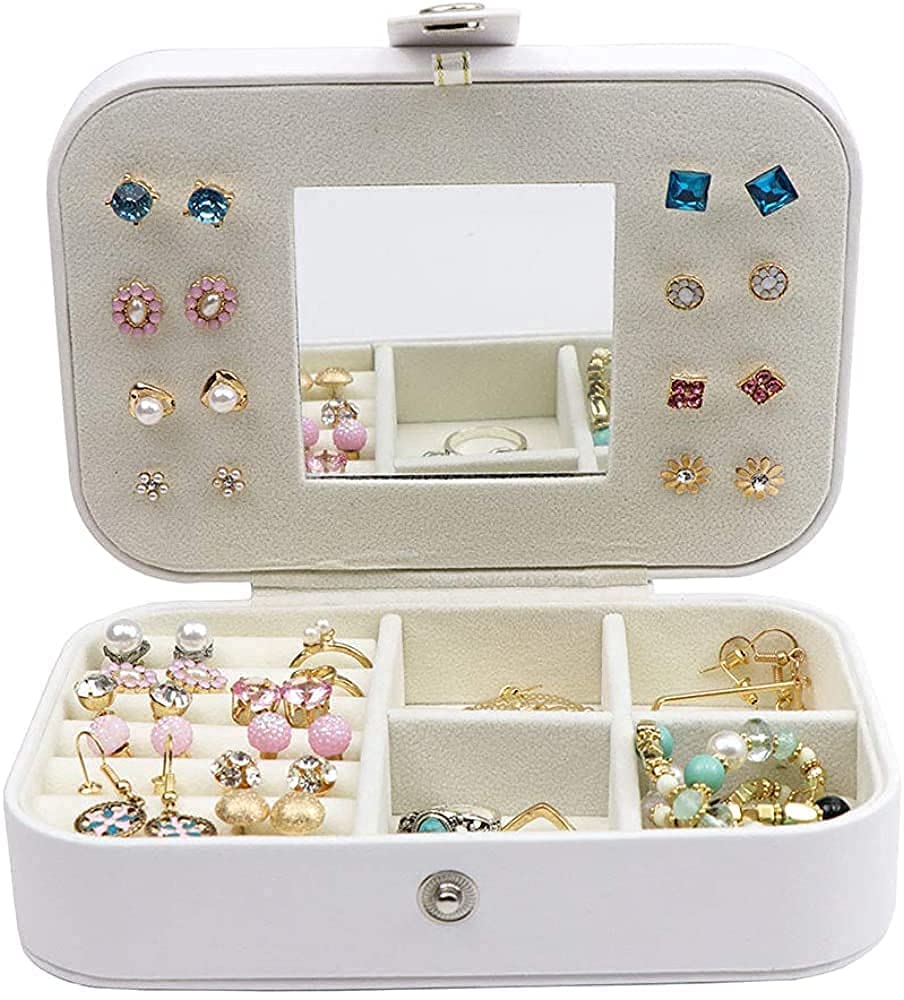 Joyero, joyero portátil con Espejo, joyero de Piel sintética para Anillos, Collares, Pulseras, Pendientes