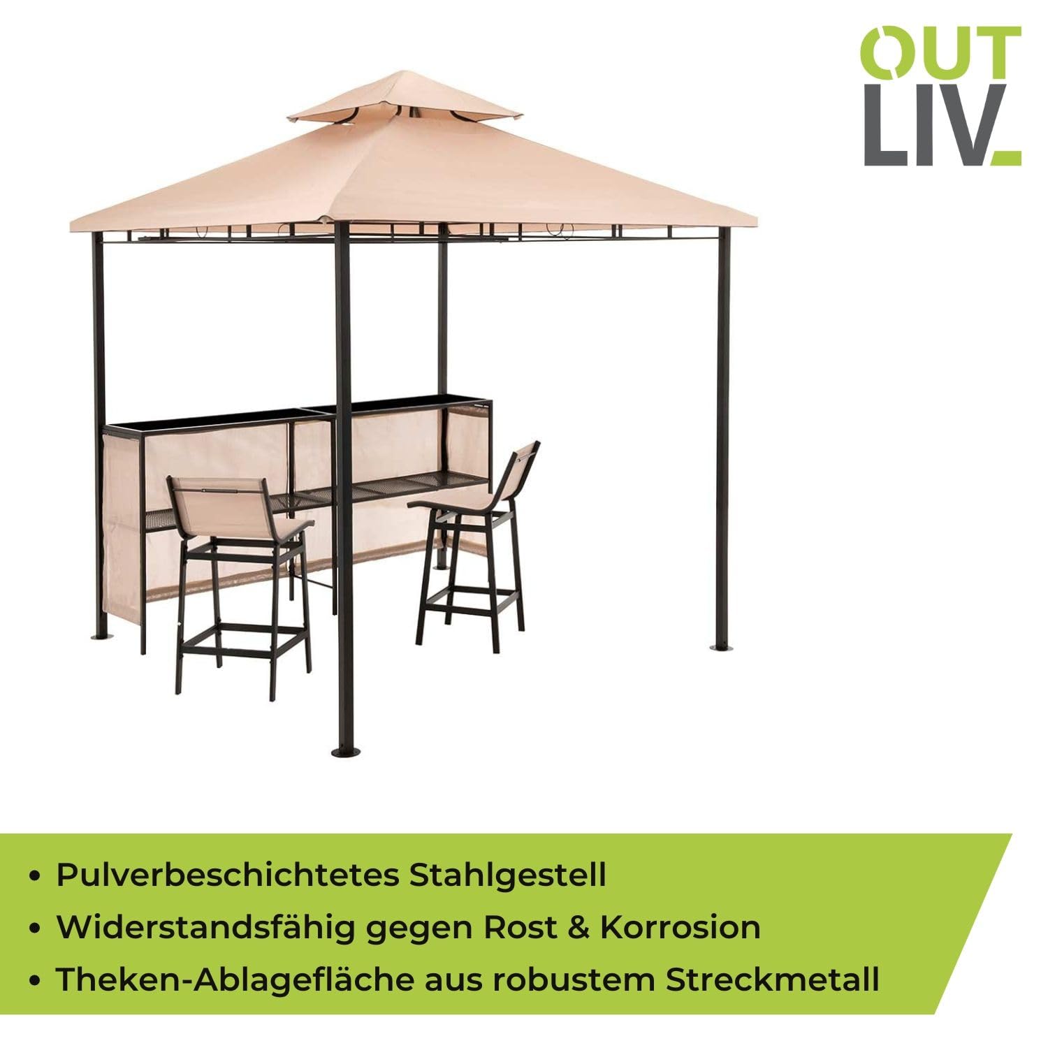 OUTLIV. Gartenpavillon, mit Bar und 2 Stühlen, strapazierfähig, langlebig, inkl. Thekenabdeckung und integrierter Dachlüftung, 240x240x250, Beige
